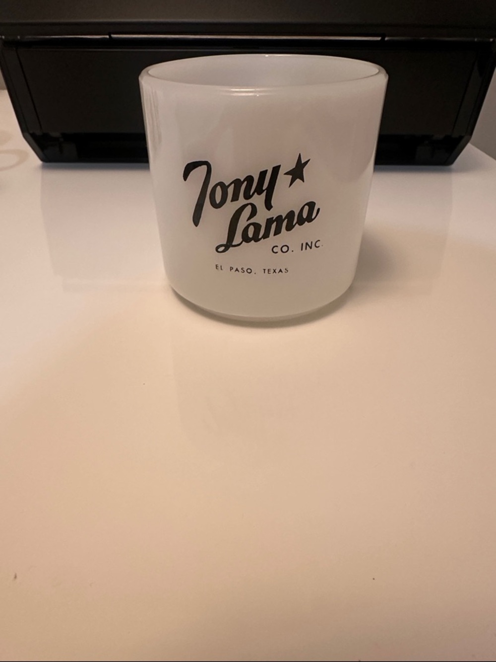 Tony Lama White Glass Holder with Black Script Logo vintage white milk glass mug